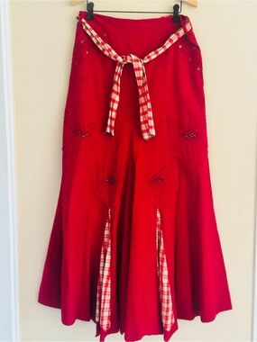 Red Women's Long Skirt with Plaid Tie